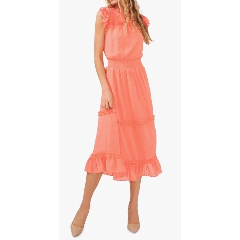 CeCe Women's Coral Ruffled Flutter Sleeve Clip Dot Midi Dress XS